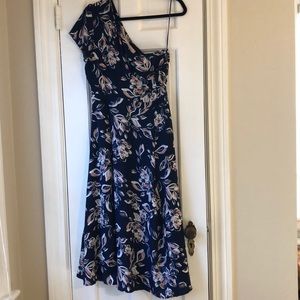 Blue and pink floral cap sleeve midi dress